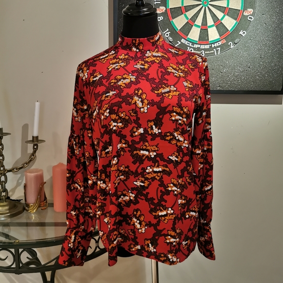 2/30 ANN TAYLOR Floral Mock Neck Lantern Sleeve Blouse - Picture 2 of 11